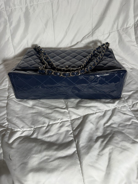 Chanel Navy Blue Patent Leather Classic Jumbo Bag