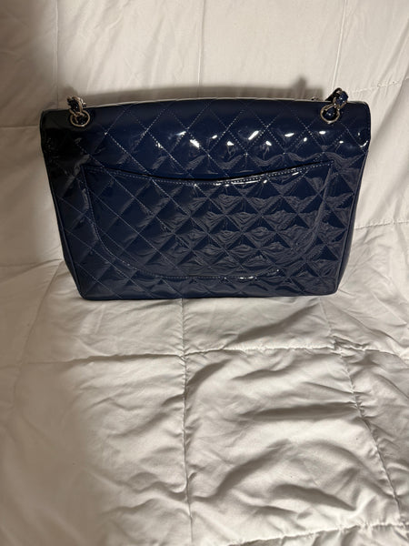Chanel Navy Blue Patent Leather Classic Jumbo Bag