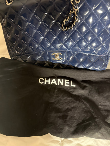 Chanel Navy Blue Patent Leather Classic Jumbo Bag