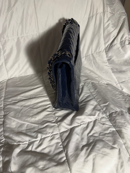 Chanel Navy Blue Patent Leather Classic Jumbo Bag