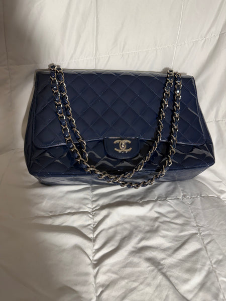 Chanel Navy Blue Patent Leather Classic Jumbo Bag
