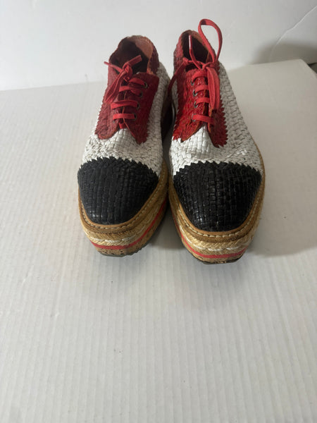 Prada Madras Tricolor‎ Woven Leather Platform Espadrille Size: 37.5