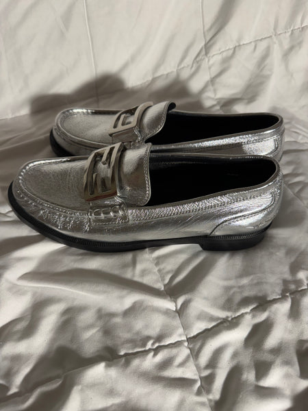 Fendi Baguette metallic silver leather loafers-Size 39.5 / 9
