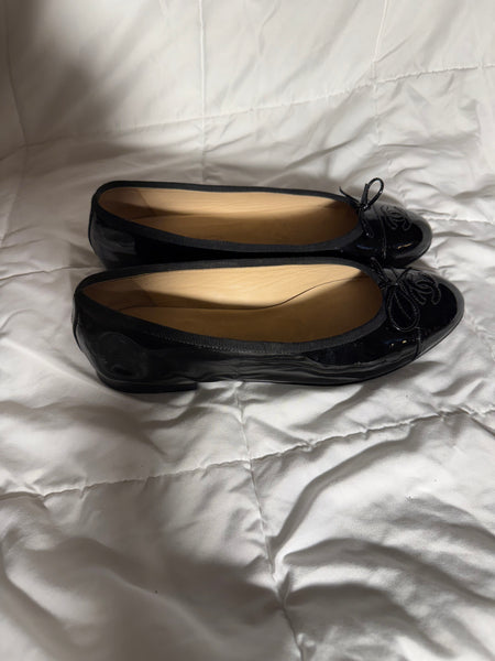 CHANEL patent cap toe black ballet flats shoes size:39.5/9