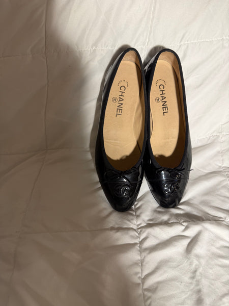 CHANEL patent cap toe black ballet flats shoes size:39.5/9