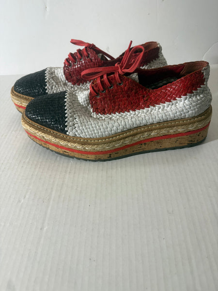 Prada Madras Tricolor‎ Woven Leather Platform Espadrille Size: 37.5