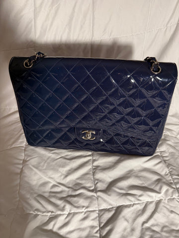 Chanel Navy Blue Patent Leather Classic Jumbo Bag