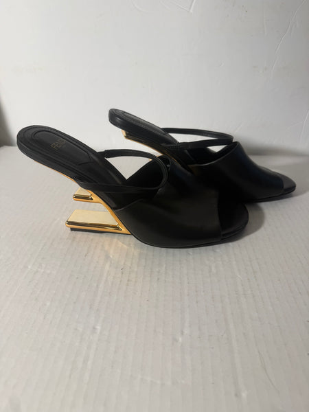 Fendi High-Heeled Sandals With F-Shaped Heel In Black Leather Size 40