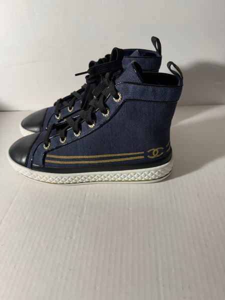 Chanel 19C Blue Denim Black Gold CC Platform Lace Up High Top Trainer Sneaker Sz 40.5