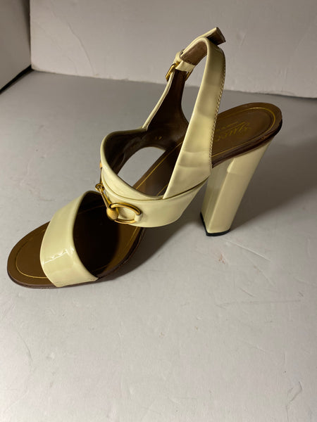 Gucci Women's Horsebit Sandal, Mystic White, Patent Leather Sz: EUR 39 US 9