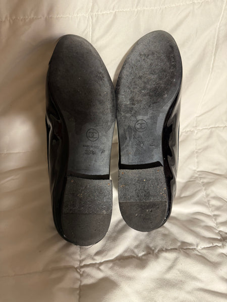 CHANEL patent cap toe black ballet flats shoes size:39.5/9