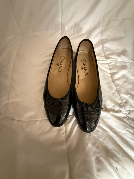 CHANEL patent cap toe black ballet flats shoes size:39.5/9