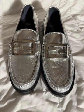 Fendi Baguette metallic silver leather loafers-Size 39.5 / 9
