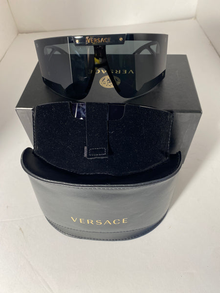 Versace oversized shield black gold sunglasses.