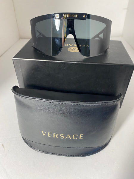 Versace oversized shield black gold sunglasses.