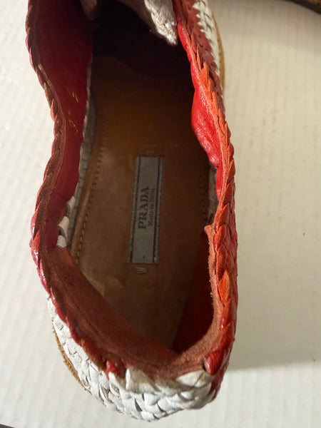 Prada Madras Tricolor‎ Woven Leather Platform Espadrille Size: 37.5