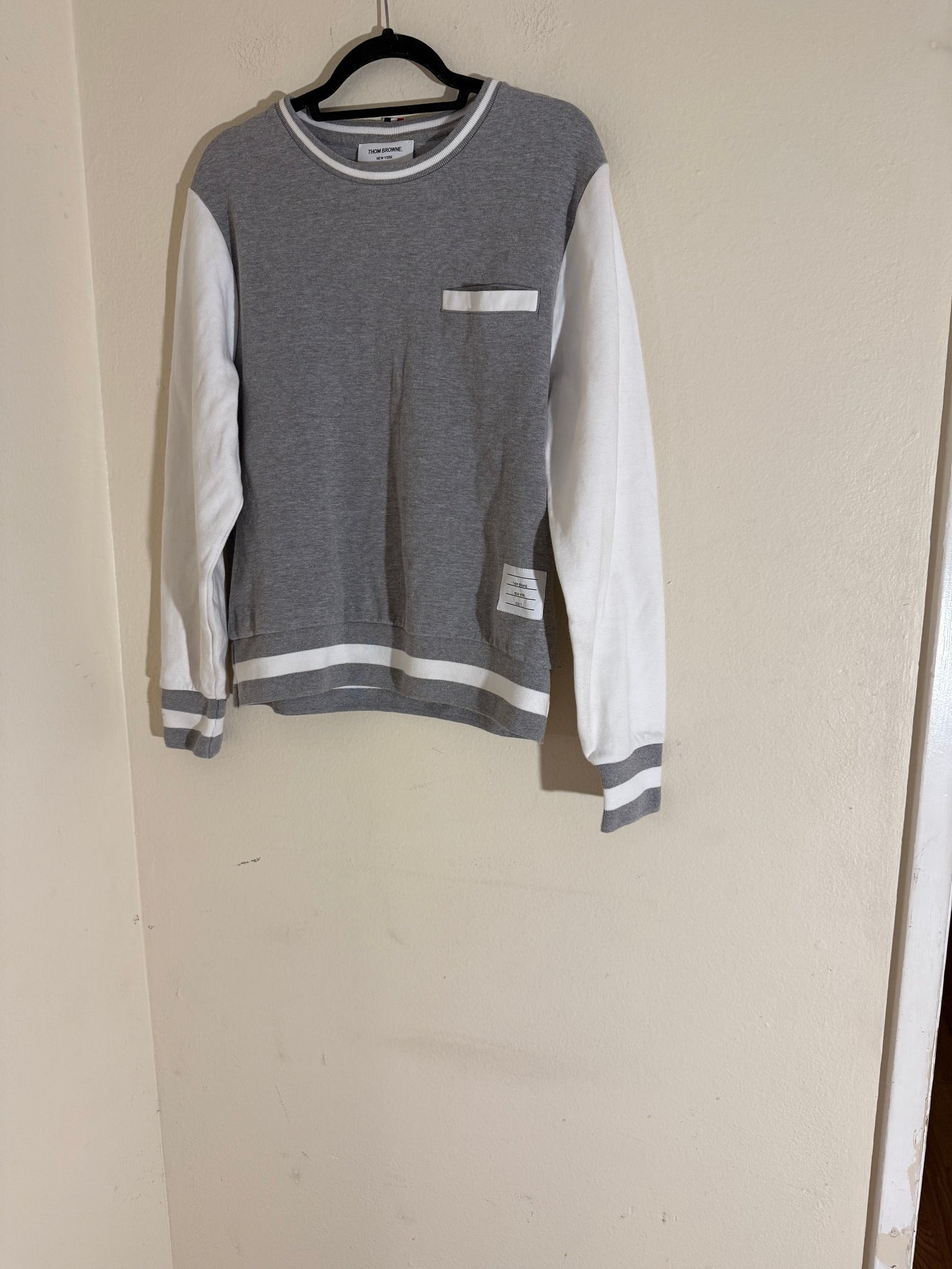 THOM BROWNE 4-Bar Striped Crewneck Cotton Sweatshirt Sz: 2