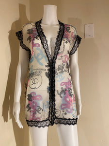 Chanel Multicolor Lace-Trim Open-Front Silk Blouse Size: 44