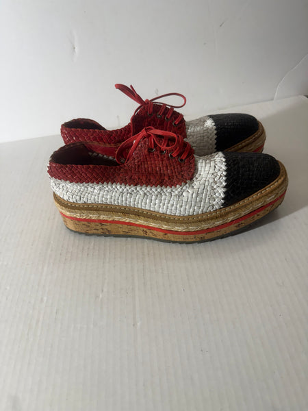 Prada Madras Tricolor‎ Woven Leather Platform Espadrille Size: 37.5