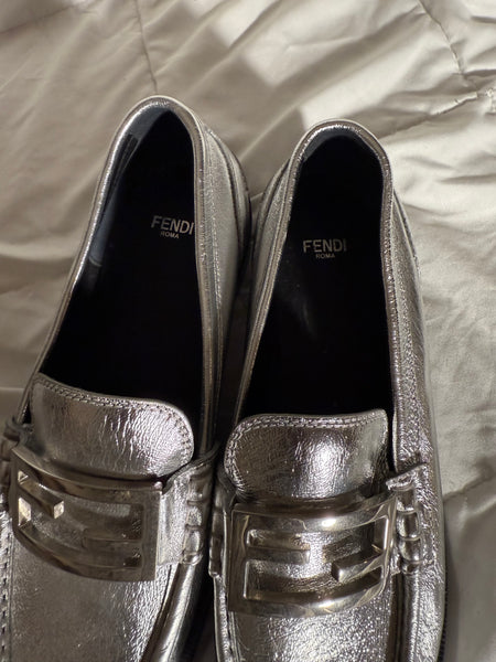 Fendi Baguette metallic silver leather loafers-Size 39.5 / 9