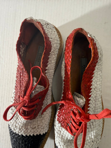 Prada Madras Tricolor‎ Woven Leather Platform Espadrille Size: 37.5