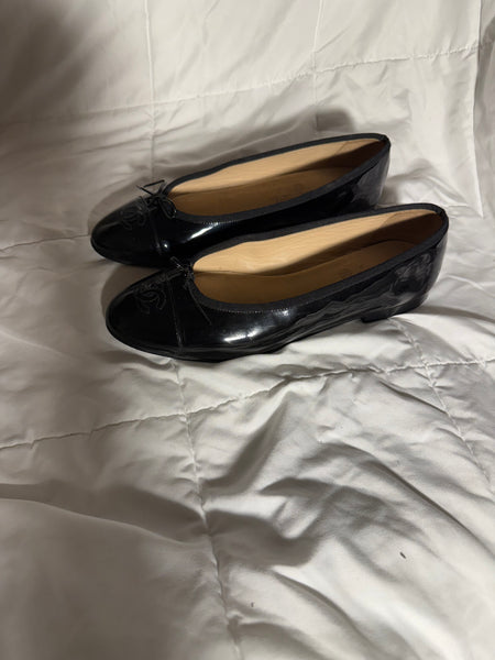 CHANEL patent cap toe black ballet flats shoes size:39.5/9