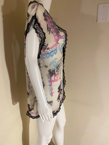 Chanel Multicolor Lace-Trim Open-Front Silk Blouse Size: 44