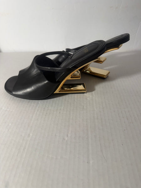 Fendi High-Heeled Sandals With F-Shaped Heel In Black Leather Size 40