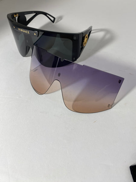 Versace oversized shield black gold sunglasses.