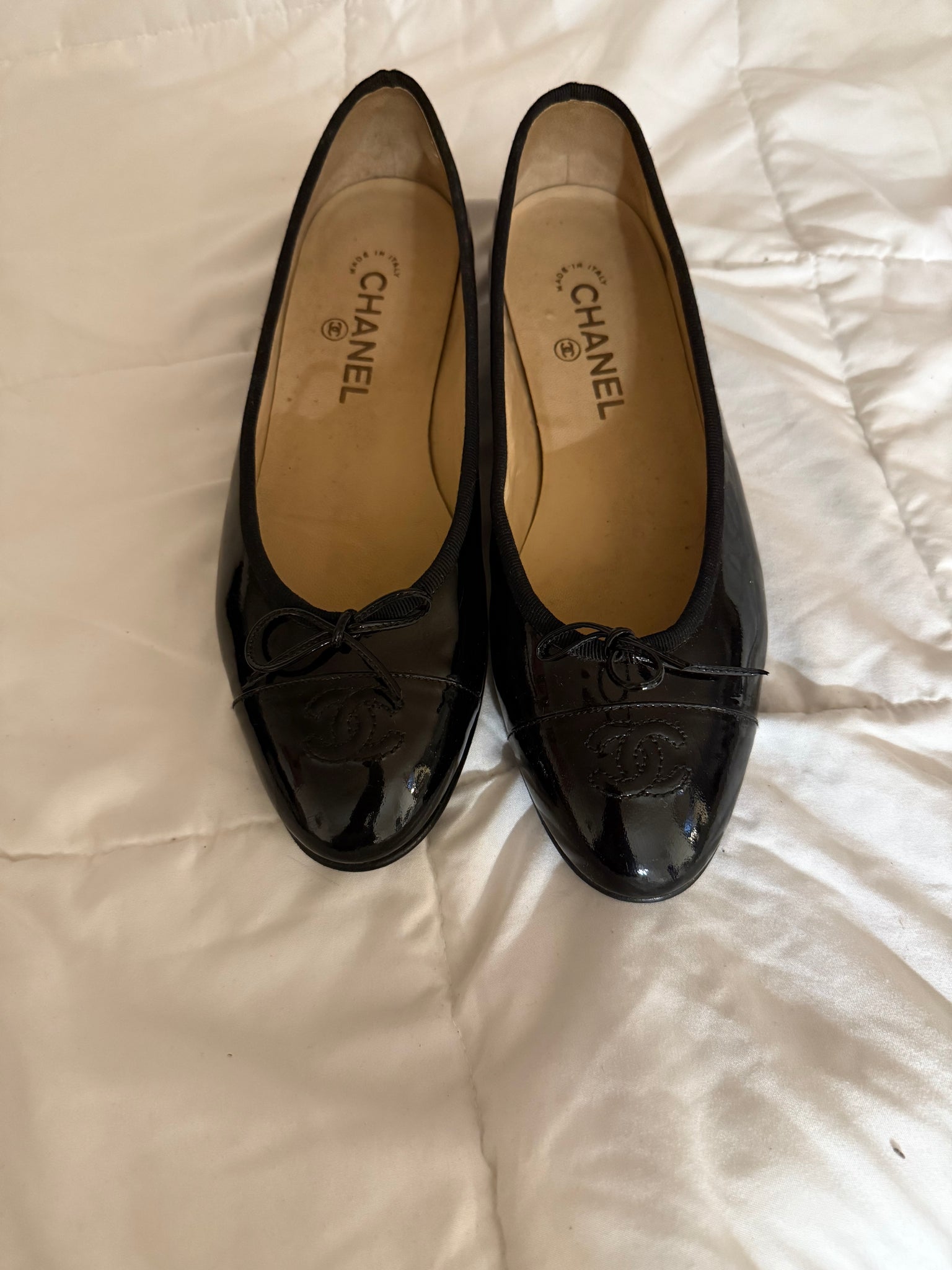 CHANEL patent cap toe black ballet flats shoes size:39.5/9