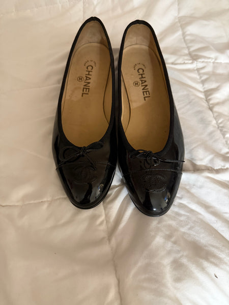 CHANEL patent cap toe black ballet flats shoes size:39.5/9