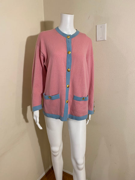 Chanel Vintage Cashmere Pink And Blue Cardigan Sz: L