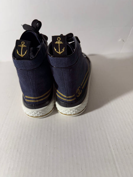 Chanel 19C Blue Denim Black Gold CC Platform Lace Up High Top Trainer Sneaker Sz 40.5