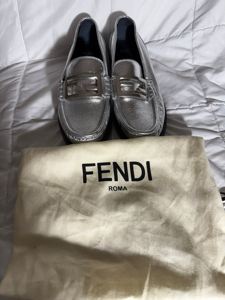 Fendi Baguette metallic silver leather loafers-Size 39.5 / 9