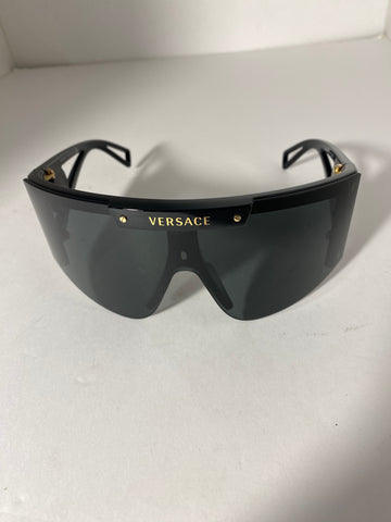 Versace oversized shield black gold sunglasses.