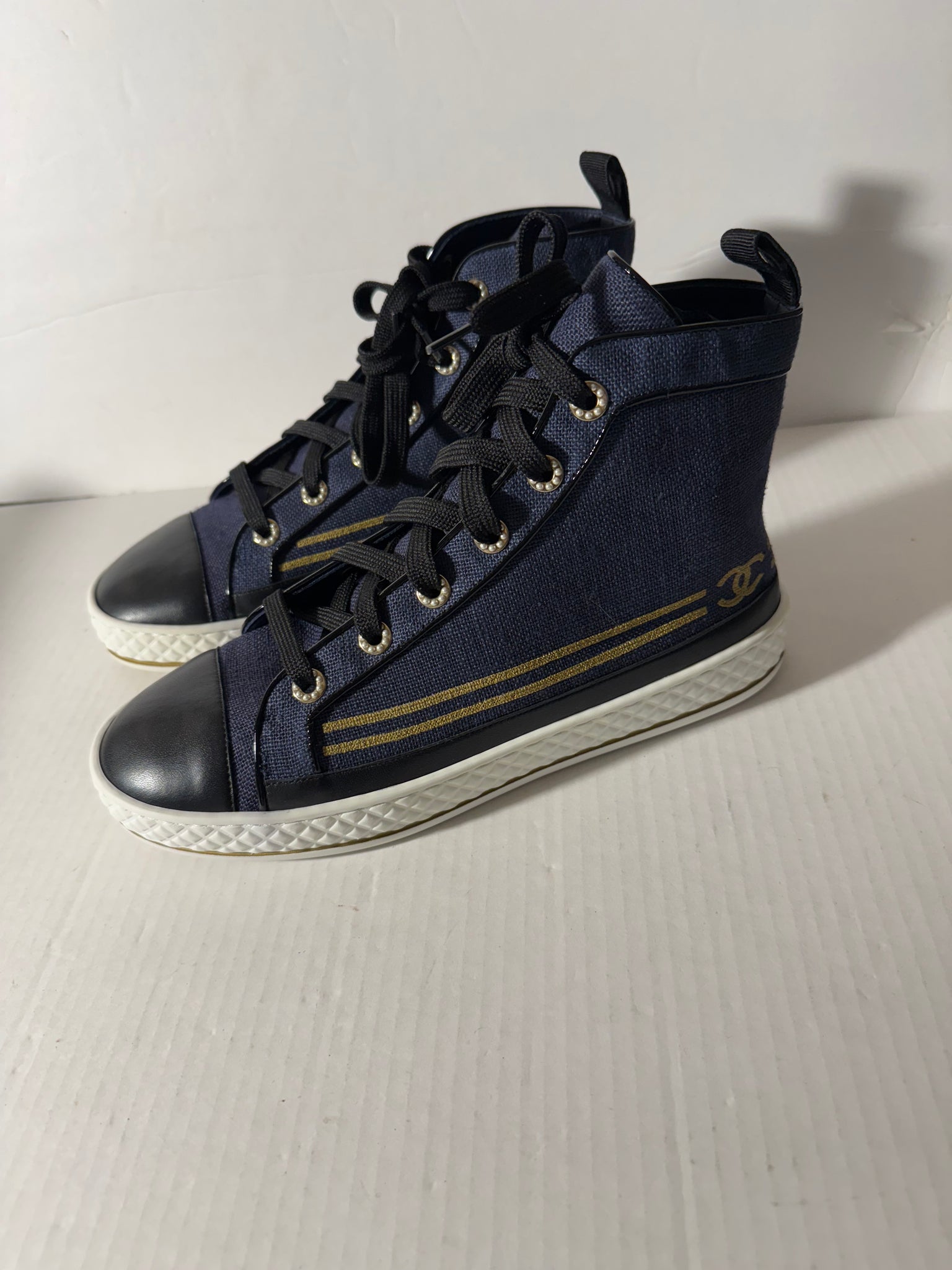 Chanel 19C Blue Denim Black Gold CC Platform Lace Up High Top Trainer Sneaker Sz 40.5