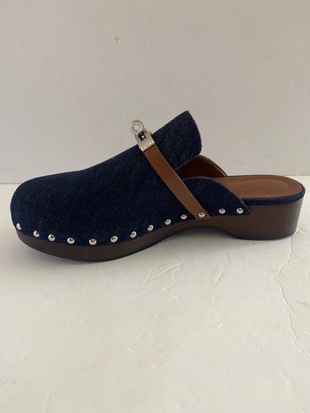 Hermes Denim Kelly Lock Clogs Sz 41 / 10