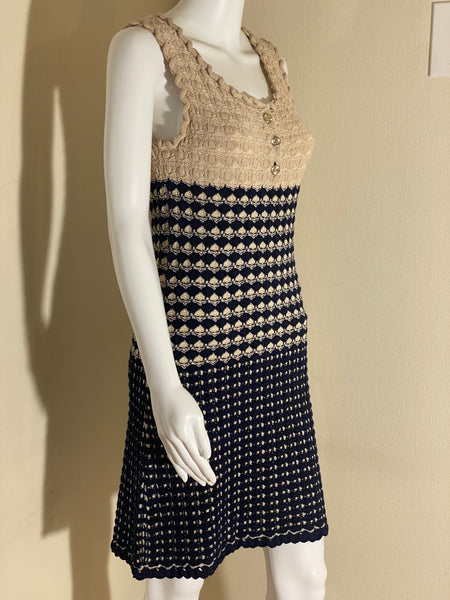 Chanel Beige and navy crochet knit mini dress Sz 4