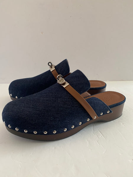 Hermes Denim Kelly Lock Clogs Sz 41 / 10