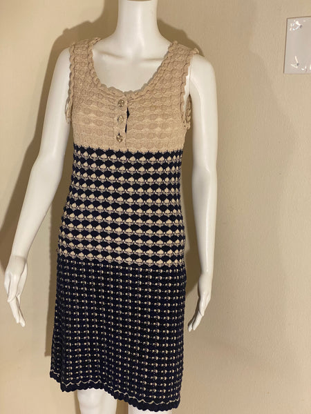 Chanel Beige and navy crochet knit mini dress Sz 4