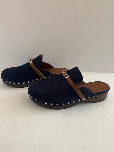 Hermes Denim Kelly Lock Clogs Sz 41 / 10