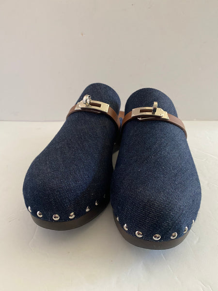 Hermes Denim Kelly Lock Clogs Sz 41 / 10