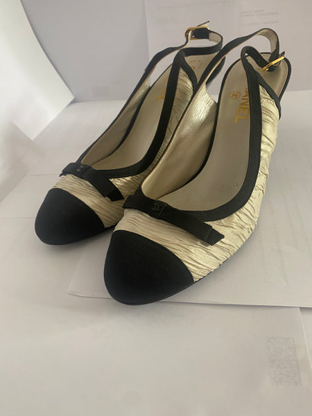 Chanel Black Satin Slingback Pumps 40/ 9