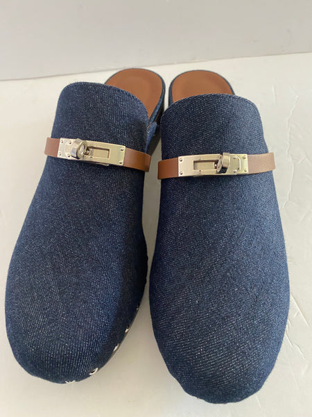 Hermes Denim Kelly Lock Clogs Sz 41 / 10