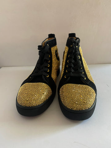 Christian Louboutin Louis Flat Veau Velours Strass Crystal Sneakers Black/Gold Sz 45