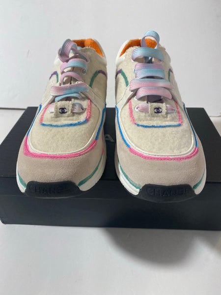 CHANEL Wool Suede Calfskin CC Sneakers Multicolor Size: 38