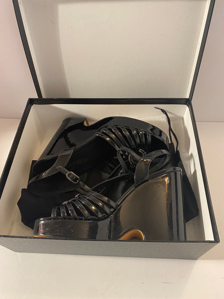 Chanel Black Cc Logos Patent Leather Heels Sandals Size:39.5