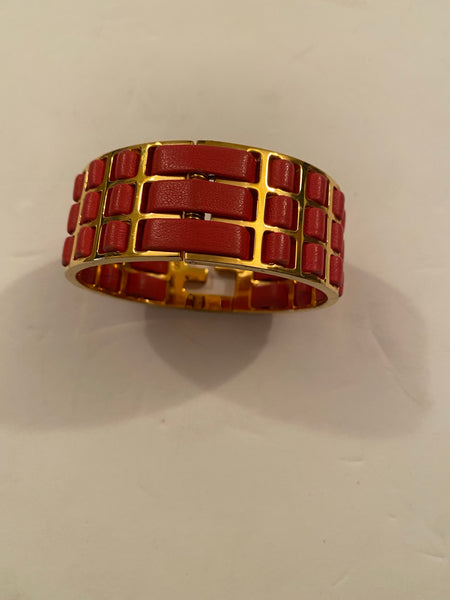 Fendi FF Gold Tone Leather Detail Cuff Bracelet Red