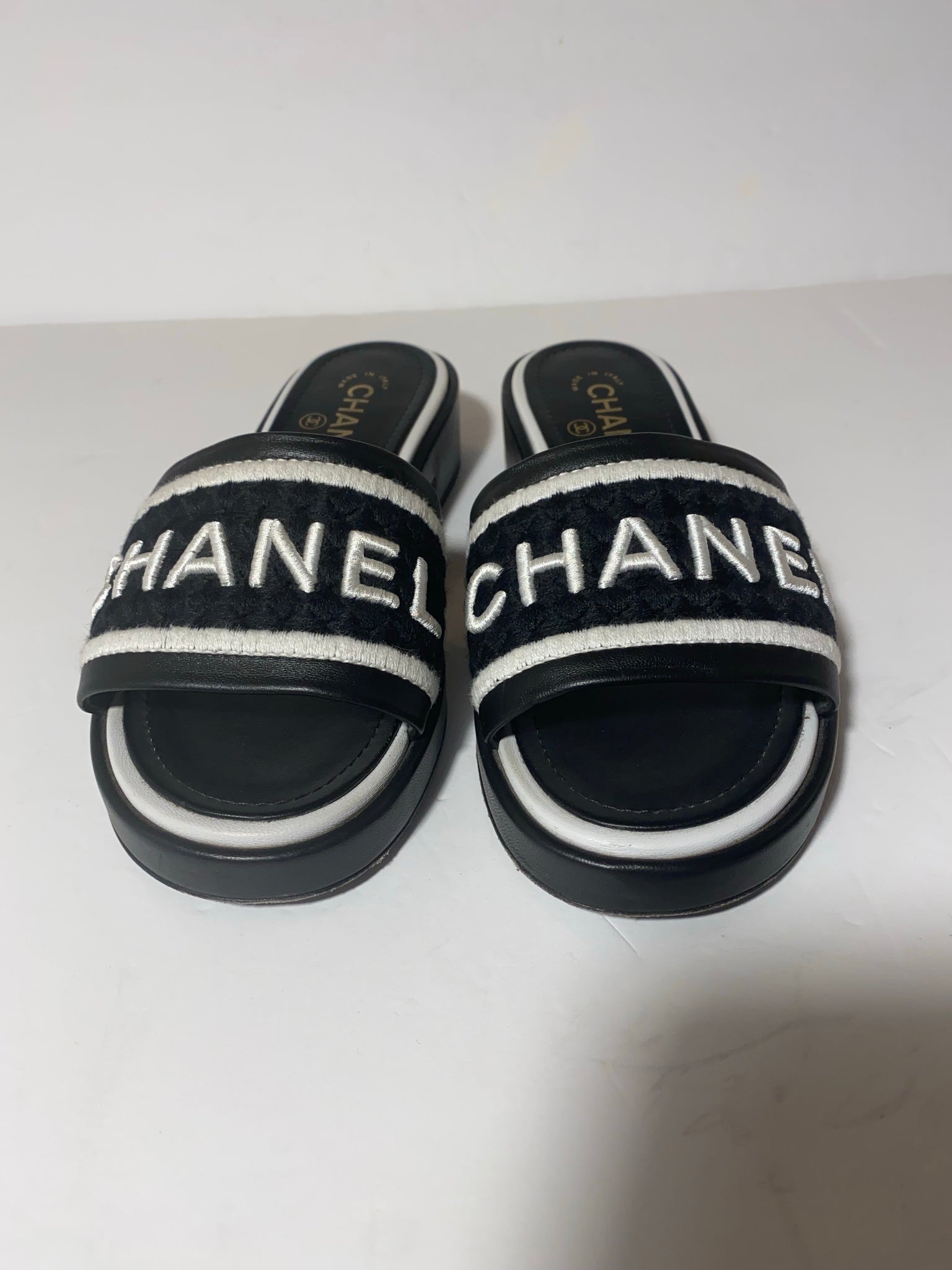 Chanel lambskinn embroidered CC mule sandals Size: 38