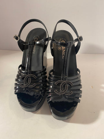 Chanel Black Cc Logos Patent Leather Heels Sandals Size:39.5